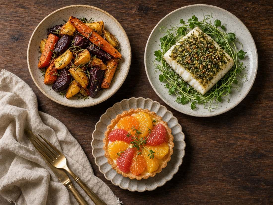 Trois assiettes de saison : légumes rôtis, poisson aux herbes et tarte aux agrumes